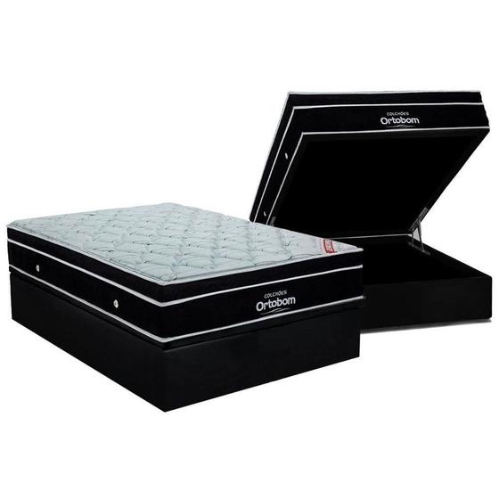 Imagem de Cama Box Baú Casal: Colchão Molas SuperPocket Ensacadas Ortobom Elegant + Base CRC Suede Black (138x188)