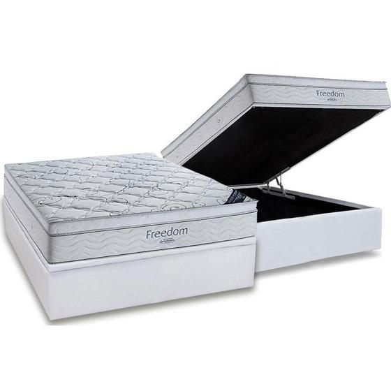 Imagem de Cama Box Baú Casal: Colchão Molas SuperPocket Ensacadas Ortobom Freedom Visco + Base CRC Suede White (138x188)