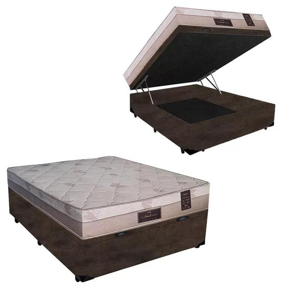 Imagem de Cama Box Baú Casal Confort Suede Marrom  Com  Colchão Casal Confort Molas Bonnel  65x138x188