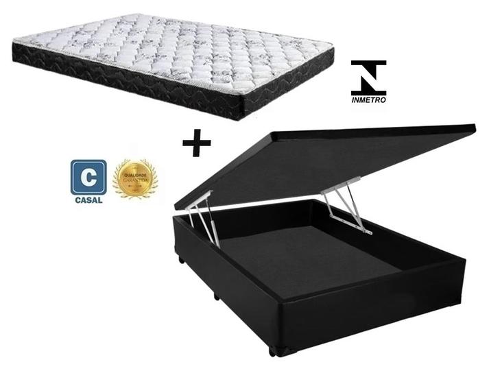 Imagem de Cama Box Baú Casal Conforto Sintético Preto + Colchão Casal Conforto Espuma D23 Com EPS 24x138x188