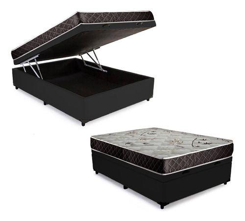 Imagem de Cama Box Baú Casal Conforto Sintético Preto + Colchão Casal Conforto Espuma D33  26x138x188