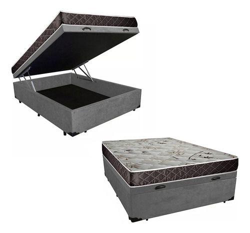 Imagem de Cama Box Baú Casal Conforto Suede Cinza + Colchão Casal Conforto Espuma D23  24x138x188