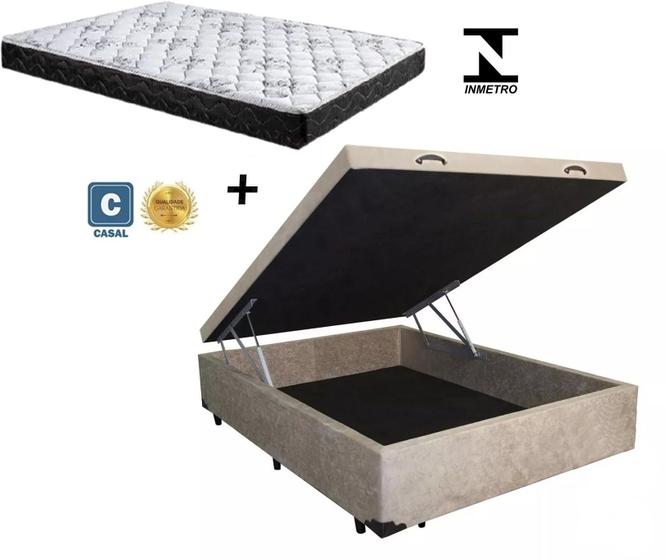 Imagem de Cama Box Baú Casal Dreams Suede Bege   + Colchão Casal Dreams Espuma D23 Com EPS 14x138x188