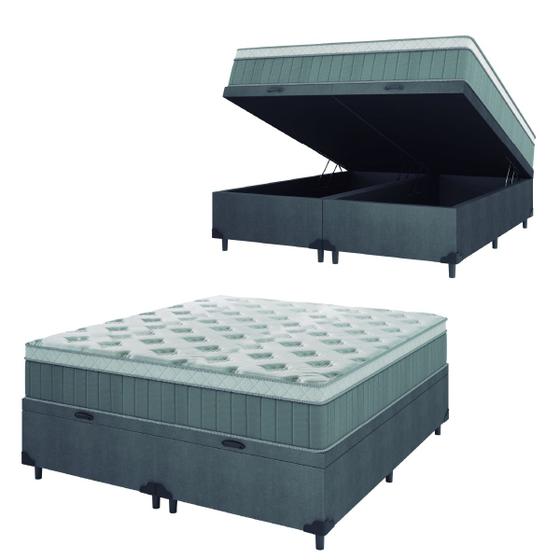 Imagem de Cama Box Baú Casal Queen Colchão Molas Ensacadas Ômega 158x198x73cm Cinza / Branco Hellen - Suporta até 110kg por Pessoa