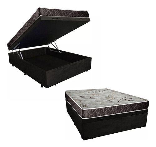 Imagem de Cama Box Baú Casal Resistence Suede Preto + Colchão Casal Resistence Espuma D33  14x138x188