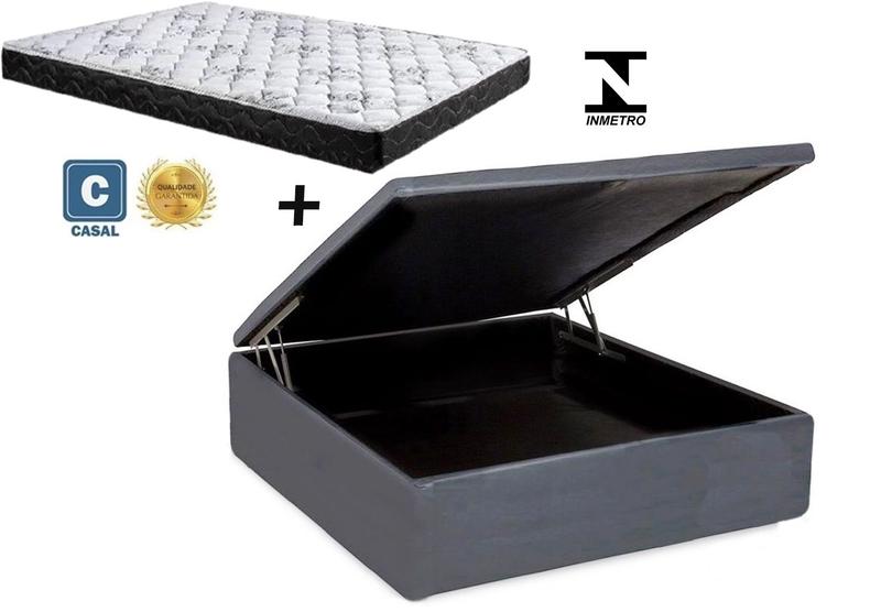 Imagem de Cama Box Baú Casal Sintético Cinza    + Colchão Casal Espuma D23 Com EPS 17x138x188