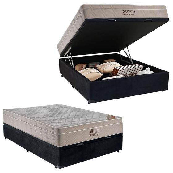 Imagem de Cama Box Baú Casal Suede + Colchão Molas Ensacadas AirTech Ortobom 69x138x188 Suede Preto