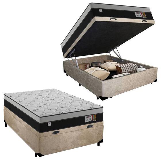 Imagem de Cama Box Baú Casal Suede + Colchão Molas Ensacadas Alfa Plumatex 138cm Bege - Suporta Até 90kg Por Pessoa