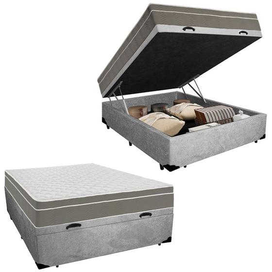 Imagem de Cama Box Baú Casal Suede + Colchão SerenePrime  Molas Ensacadas 138x188x69 Cinza