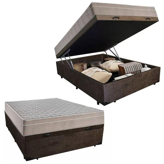 Imagem de Cama Box Baú Casal Suede + Colchão SerenePrime  Molas Ensacadas 138x188x69 Marrom