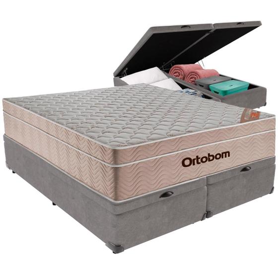 Imagem de Cama Box Baú Cinza e Colchão Airtech SpringPocket Molas Ensacadas Queen Ortobom