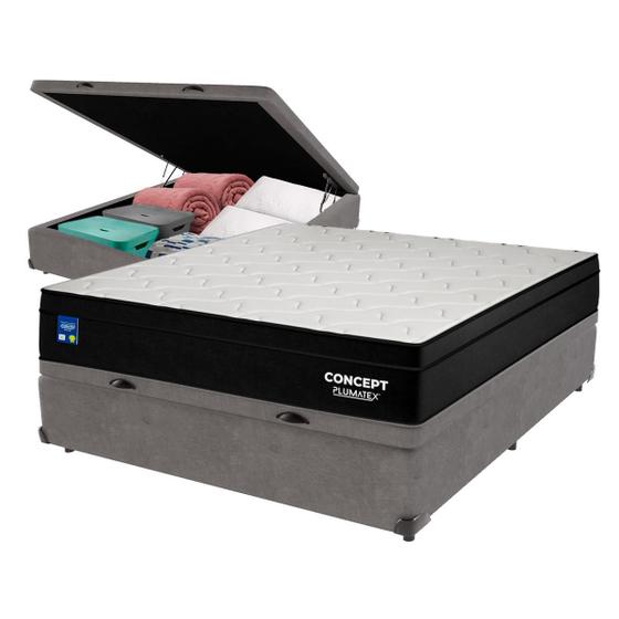 Imagem de Cama Box Baú Cinza e Colchão Casal Concept Molas Ensacadas Plumatex