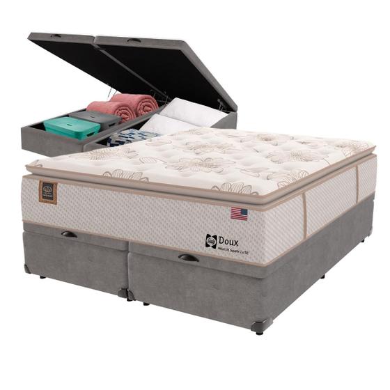 Imagem de Cama Box Baú Cinza e Colchão Queen Doux Comfort Molas LFK e Europillow Sealy