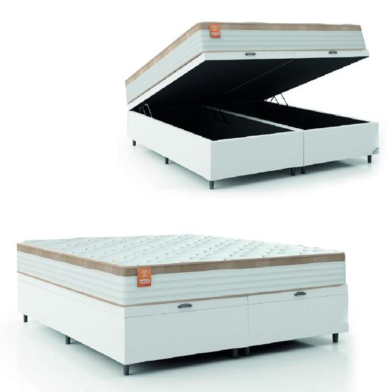 Imagem de Cama Box Baú Colchão Casal King Molas Ensacadas Real 193x203x68cm Branco / Bege Linho Inducol - Suporta até 130kg por Pessoa