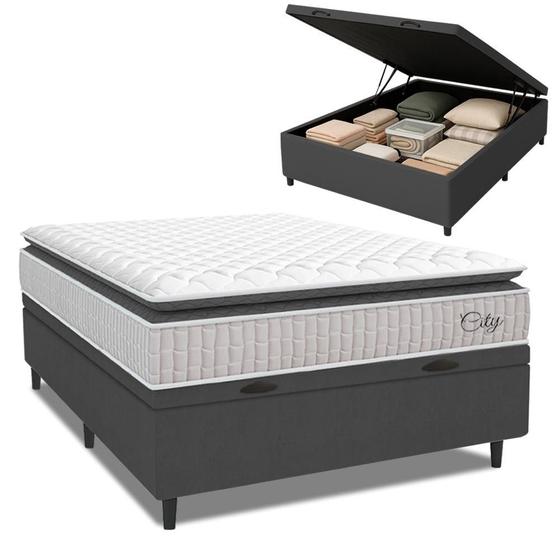 Cama Box Baú Colchão Casal Molas Ensacadas City Pillow Top 138x188x64cm Branco / Cinza Hellen - Suporta até 110kg por Pessoa Imagem de Cama Box Baú Colchão Casal Molas Ensacadas City Pillow Top 138x188x64cm Branco / Cinza Hellen - Suporta até 110kg por Pessoa