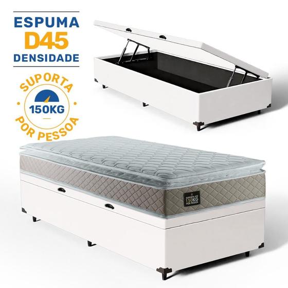 Imagem de Cama Box Baú + Colchão de Solteiro Strong D45 One Face 88x188x54cm Branco - Suporta até 150kg por pessoa