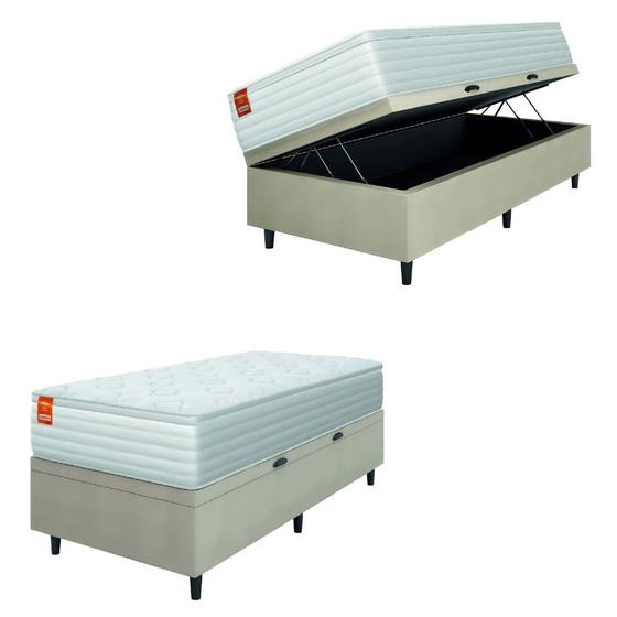 Imagem de Cama Box Baú Colchão Solteiro Molas Ensacadas Real 88x188x68cm Branco / Bege Inducol - Suporta até 130kg por Pessoa