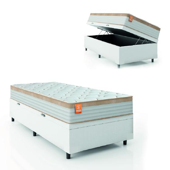 Imagem de Cama Box Baú Colchão Solteiro Molas Ensacadas Real 88x188x68cm Linho Branco / Bege Inducol - Suporta até 130kg por Pessoa