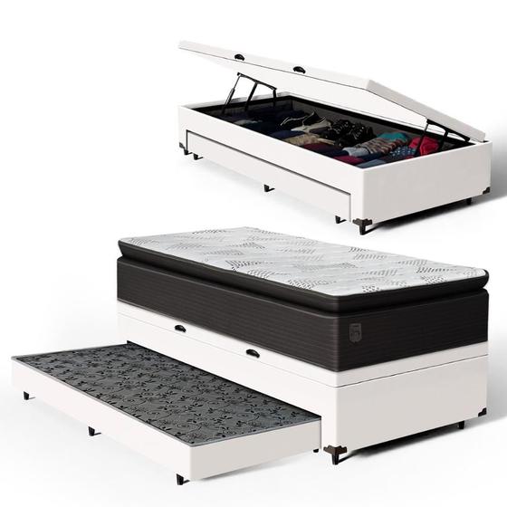 Imagem de Cama Box Baú com Colchão de Molas Ensacadas Com Pillow Top Ravena + Auxiliar Unique Solteiro 88cm