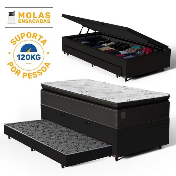Imagem de Cama Box Baú com Colchão de Molas Ensacadas Com Pillow Top Ravena + Auxiliar Unique Solteiro 88cm
