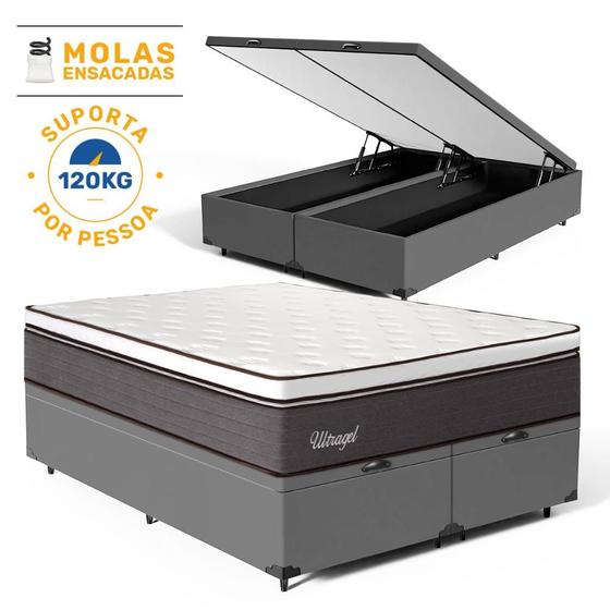 Imagem de Cama Box Baú com Colchão de Molas Ensacadas Euro Pillow Ultragel Luxo Super King 193cm