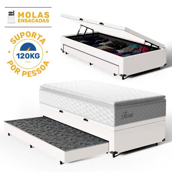 Imagem de Cama Box Baú com Colchão de Molas Ensacadas Pillow Top Flora + Auxiliar Unique Solteiro 88cm