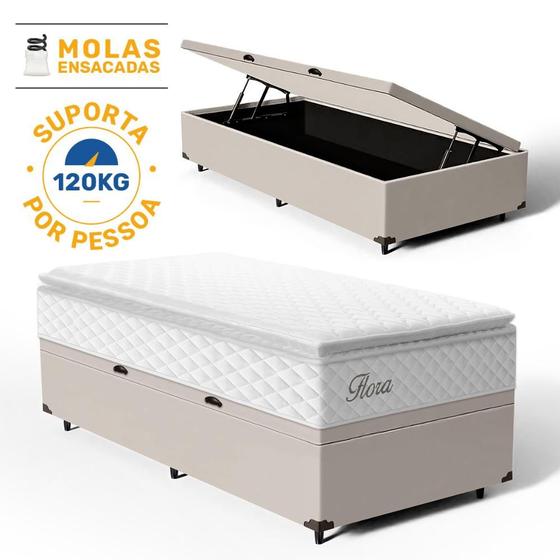 Imagem de Cama Box Baú com Colchão de Molas Ensacadas Pillow Top Flora Solteiro 88cm