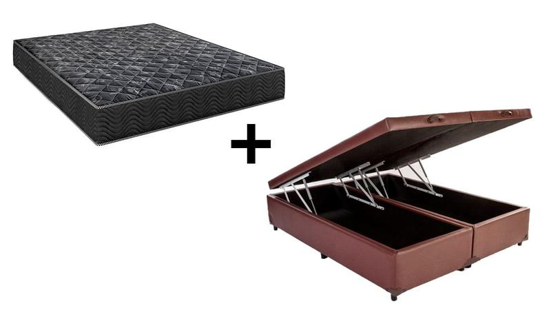 Imagem de Cama Box Baú King 193 Bipartido Tecido Sintético Marrom com Colchão Lisboa Espuma D28 Preto