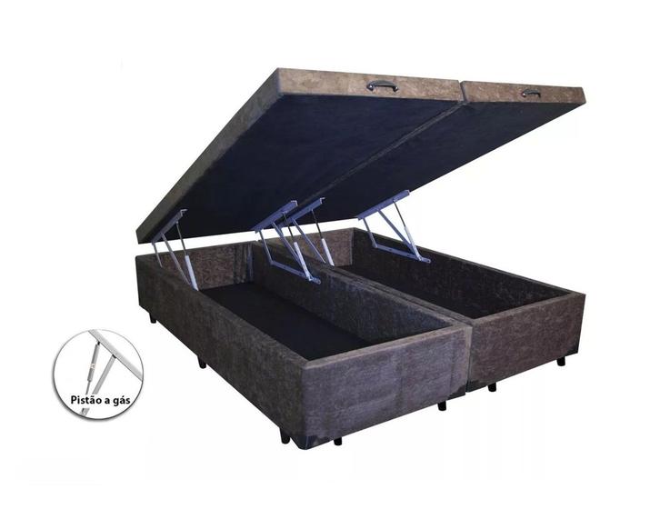 Imagem de Cama Box Baú King Bipartido Blindado Suede Marrom Com Pistão A Gás