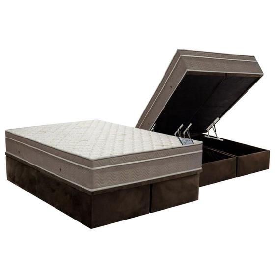 Imagem de Cama Box Baú King: Colchão Molas MasterPocket Ensacadas Ortobom Super Light OrtoPillow + Base CRC Suede Brown(186x198)