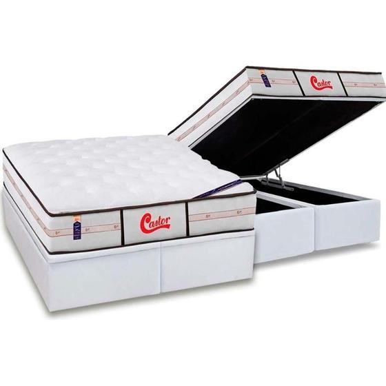 Imagem de Cama Box Baú King: Colchão Molas Pocket Ensacadas Castor Gold Star Vitagel Classic + Base CRC Courano White (193x203)