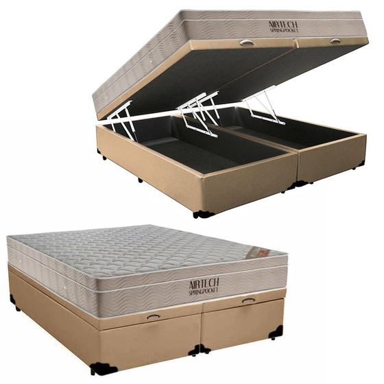 Imagem de Cama Box Baú King Sintético Bipartido + Colchão Ortobom Airtech Molas Ensacadas 65x193x203