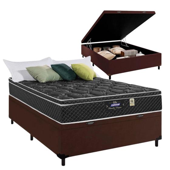 Cama box baú marrom + colchão casal perola negra 138x188x32 cm mola ensacada - gazin colchões Menor preço em Cama box baú marrom + colchão casal perola negra 138x188x32 cm mola ensacada - gazin colchões