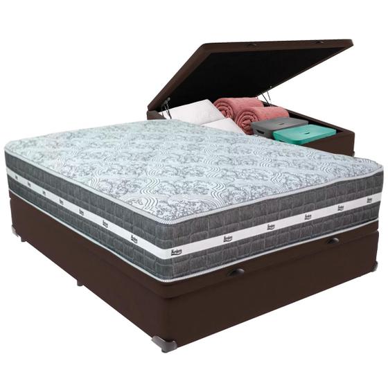 Imagem de Cama Box Baú Marrom e Colchão Black Graphite Molas Ensacadas Casal Anjos