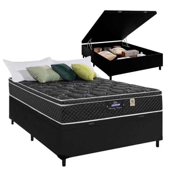 Menor preço em Cama box baú preto + colchão casal perola negra 138x188x32 cm mola ensacada - gazin colchões