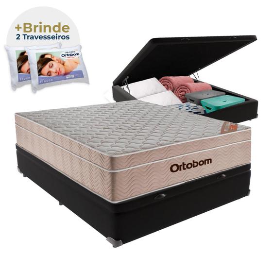 Imagem de Cama Box Baú Preto e Colchão Airtech Ortobom Casal