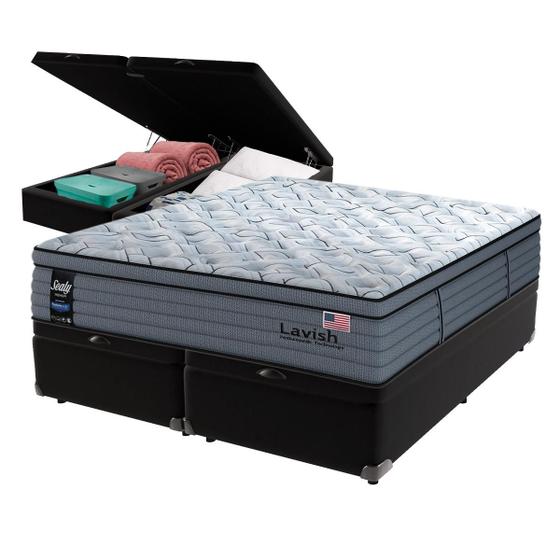 Imagem de Cama Box Baú Preto e Colchão Queen Lavish Molas Ensacadas Sealy