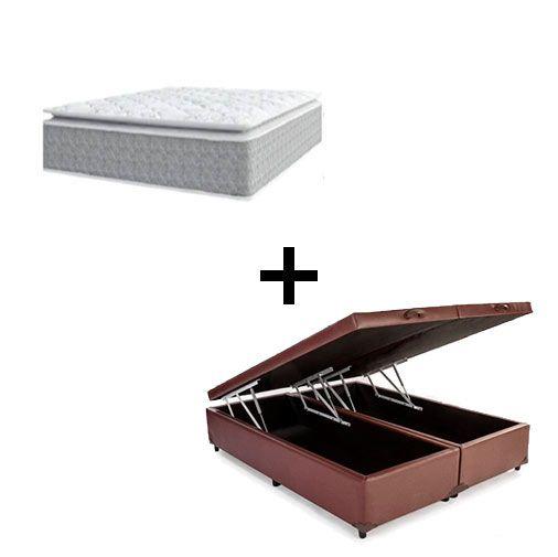 Imagem de Cama Box Baú Queen 158 Tecido Sintético Marrom Com Colchão Nazar Molas Ensacadas Pillow Top Conforto Espuma da Nasa Viscoeslástico D33 Cinza