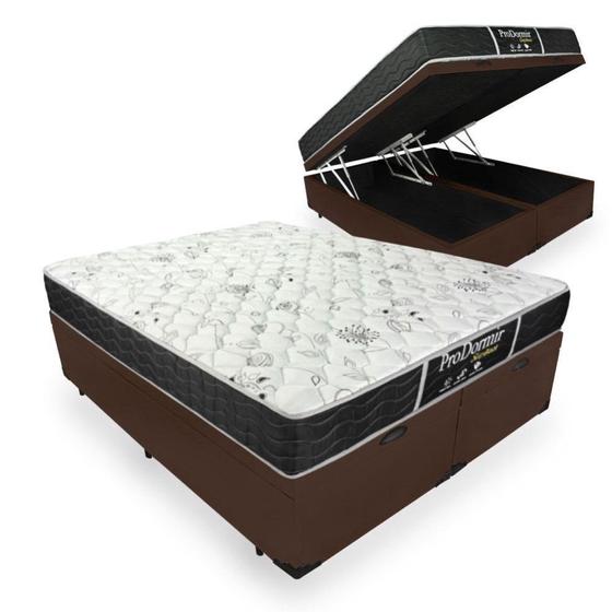 Imagem de Cama Box Baú Queen Bipartido 158 Tecido Sintético Marrom com Colchão De Molas - Probel Prodormir Sleep Black