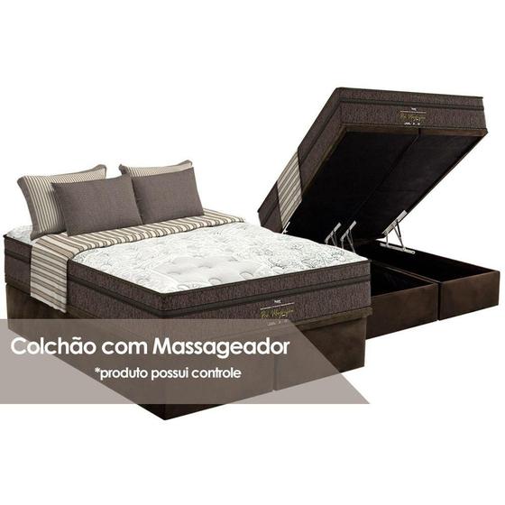 Imagem de Cama Box Baú Queen: Colchão c/Vibro Massagem Probel   Pró Magnífico Foam  + Base CRC Suede Brown(158x198)