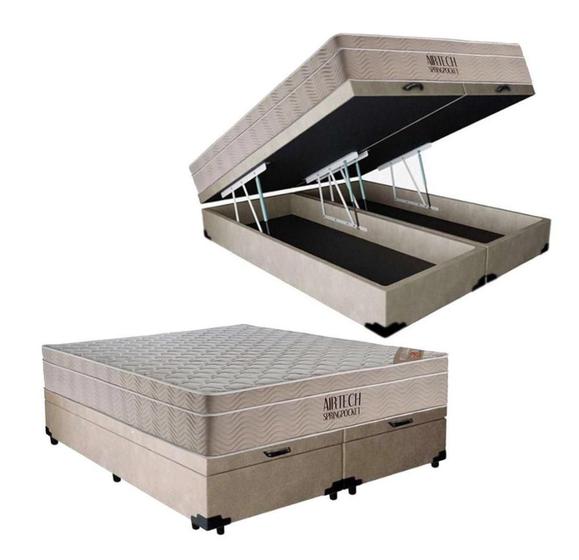 Cama Box Baú Queen + Colchão de Molas Ensacadas Ortobom Airtech Bege ...