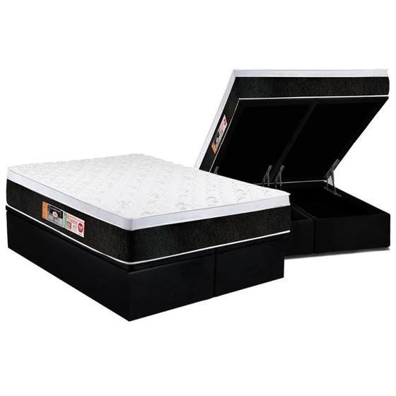 Imagem de Cama Box Baú Queen: Colchão Espuma D45 Castor  Black e White Air Euro Pillow + Base CRC Courano Black(158x198)