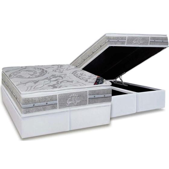 Imagem de Cama Box Baú Queen: Colchão Molas Castor Pocket Super luxo Látex Plush Double Face + Base CRC Courano White(158x198)