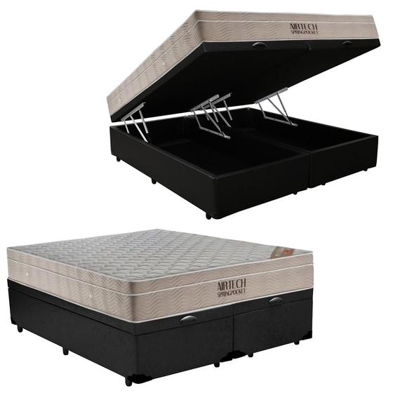 Imagem de Cama Box Baú Queen Sintético Bipartido + Colchão Ortobom Airtech Molas Ensacadas 158x198x65 Preto