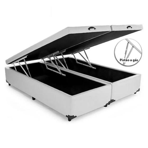 Cama Box Baú Queen Size Bipartido Blindado Sintético Branco com Pistões a gás Menor preço em Cama Box Baú Queen Size Bipartido Blindado Sintético Branco com Pistões a gás
