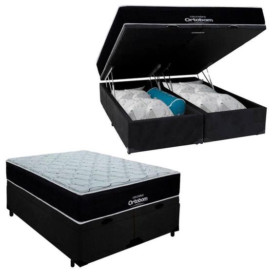 Imagem de Cama Box Baú Queen Suede Bipartido + Colchão Airtech Molas Ensacadas Antares Ortobom Preto 158cm