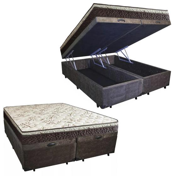 Cama Box Baú Queen Suede Bipartido + Colchão Elegance Ortopédico Espuma D33 Extra Firme 158x198x63 Menor preço em Cama Box Baú Queen Suede Bipartido + Colchão Elegance Ortopédico Espuma D33 Extra Firme 158x198x63