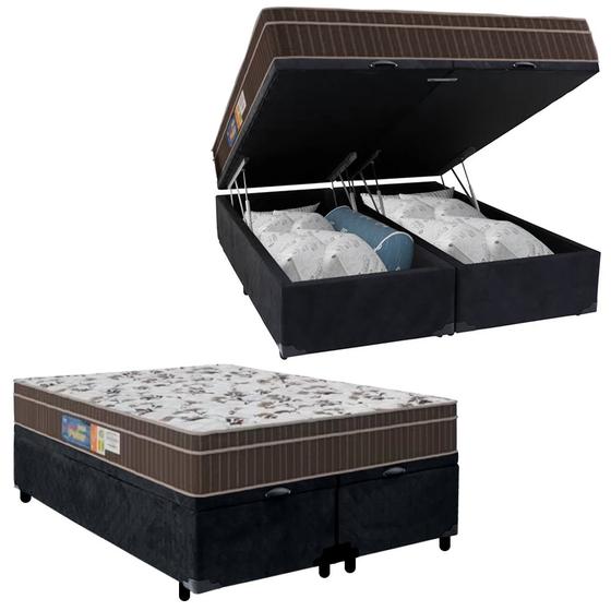 Imagem de Cama Box Baú Queen Suede Bipartido + Colchão Espuma Orthoface Polar 158x198x69cm - Suporta Até 120kg Por Pessoa Preto