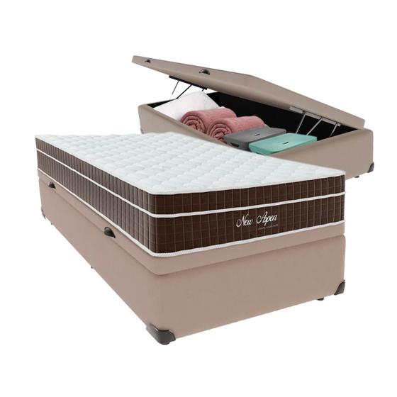 Imagem de Cama + Box Baú Solteirão Bege Colchão New Aspen Molas Ensacadas Comfort Prime 96x203