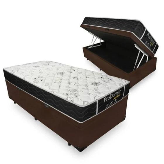 Imagem de Cama Box Baú Solteiro 88 Tecido Sintético Marrom com Colchão De Molas - Probel Sleep Black